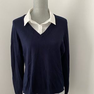 Navy V Neck Sweater with White blouse attached.